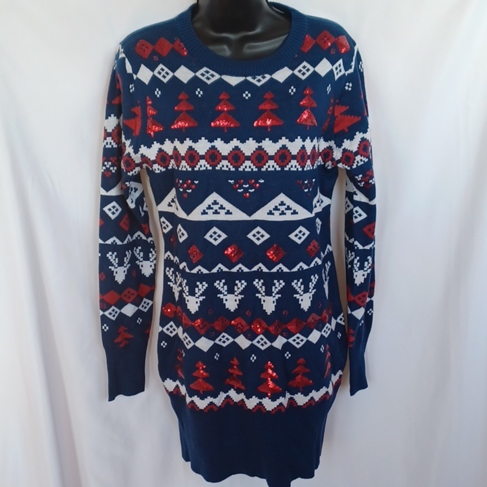 Tipsy Elves Sequin Fair Isle Sweater Dress M Red White Blue Christmas Reindeer